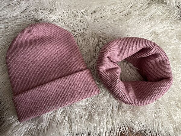 Детская шапка теплая хомут рубчик розовая пудра
