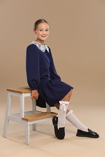 Дитяча сукня шкільна синя з білим комірцем розмір 122,128,146