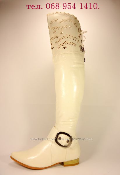 Женские демисезонные белые сапоги ботфорты на устойчивом каблуке. 36-41.