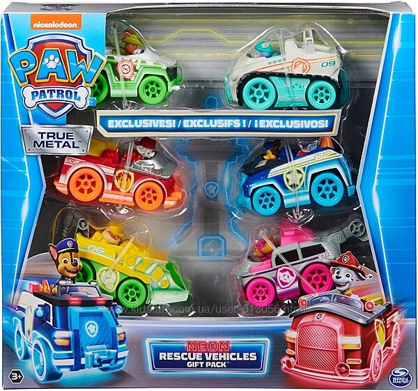 Набір металевих машинок Щенячий Патруль 6 штук PAW Patrol True Metal Neon