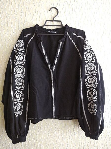 Льон і бавовна чорна з білим вишиванка, Zara, р. Л, Індія