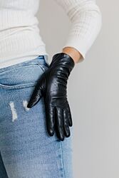 Рукавички шкіряні подовжені/зима/ р.8м чорні-сатин