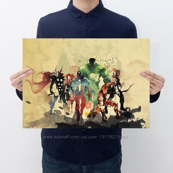 Постер плакат вселенная Марвел на крафтовой бумаге 50х35 см без рамы
