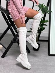 Молодіжні білі ботфорти єврозима на потовщеній підошві Код 26084