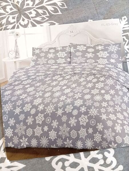 Фланелеві комплекти постільної білизни сніжинка на сірому- бавовна 100