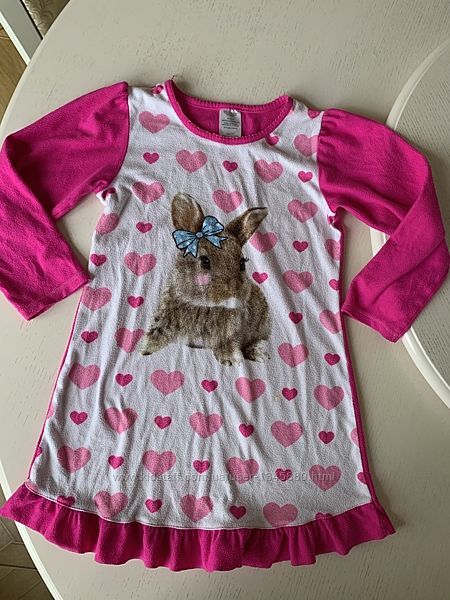 Ночная рубашка кролик, размер М, 7-8 лет, микрофлис, седце, домашнее платье