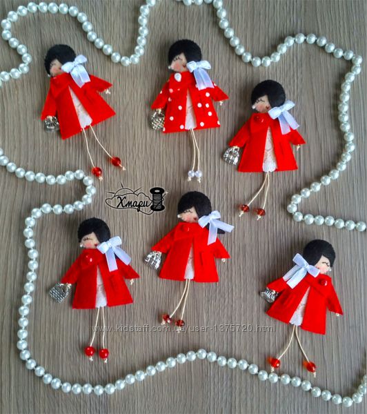  Маленькие фетровые брошки-куколки handmade