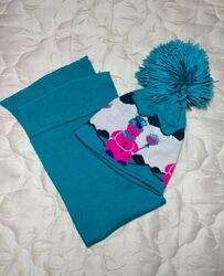 Шапка с шарфом на девочку бирюзовая шапка с бумбоном на 5-9лет