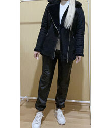 Eur 40 дублянка-косуха на хутрі подовжена тепла зимова чорна жіноча утеплен