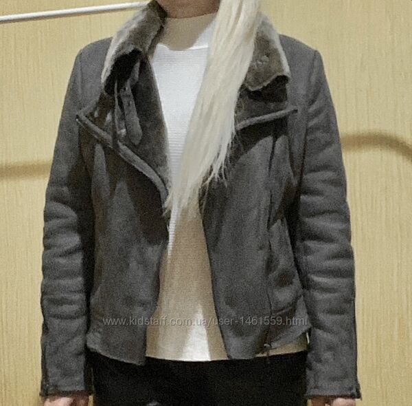 Eur 42 косуха тепла коротка зимова дублянка на хутрі сіра жіноча