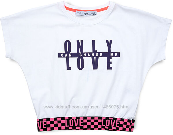 Модная трикотажная футболка ONLY LOVE под резинку для девочки.
