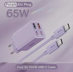 зарядний пристрій Baseus GaN6 Pro 65W 2USB 2Type-C  кабель Baseus 100 W