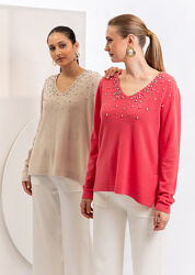 Пуловер кораллового цвета отделка камушками Christina Paris, Франция