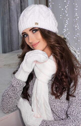 Женский комплект шапка, шарф, варежки нежная брекстон белый