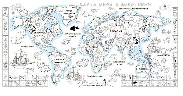 Обои-раскраски Pasportu Карта Мира с животными 60 х 100 см
