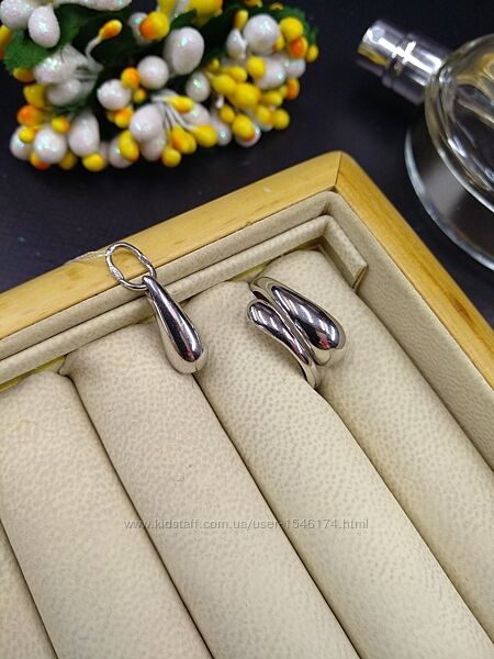 Серебряный набор кольцо безразмерное кулон капли в стиле tiffany & co 925 