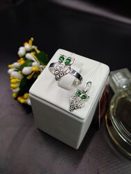  Набор серебряное кольцо и кулон/подвеска сова с зеленым фианитом 925