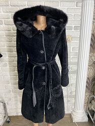 Шуба, шубка, полушубок Мутон, каракуль, норка Капюшон, пояс