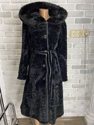Шуба, шубка, полушубок Мутон, каракуль, норка Капюшон, пояс