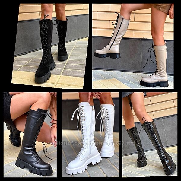 Женские натуральные кожаные замшевые лаковые сапоги на массивной подошве из