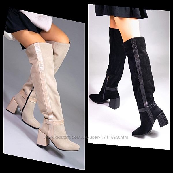 Женские чёрные натуральные замшевые высокие сапоги ботфорты на каблуке замш