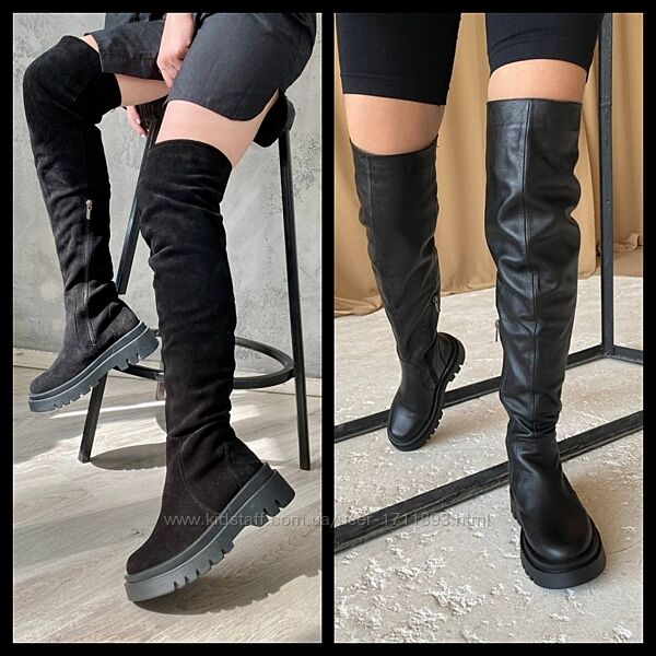 Натуральные кожаные замшевые высокие сапоги ботфорты на низкой подошве из 