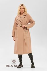 Женское стильное демисезонное пальто миди с поясом размеры42-48