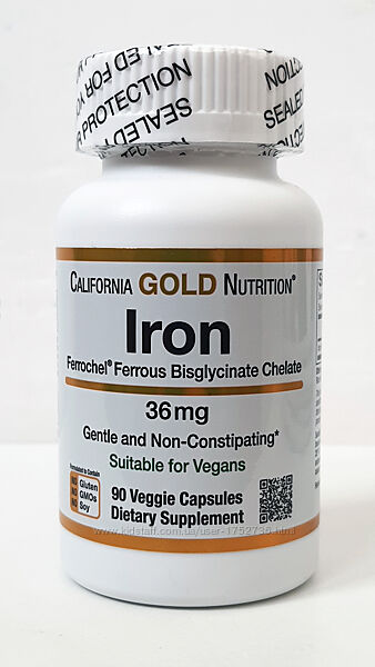 Железо бисглицинат California Gold Nutrition Ferrochel, 36 мг, 90 капсул