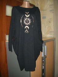 Черное платье в стиле бохо с принтом, длиный рукав, размер 2ХL