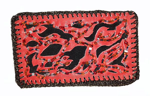 Червоний гаманець з бісером шкіра замш