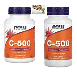 Витамин С, NOW Foods, C-500 с шиповником, 250/100 таблеток