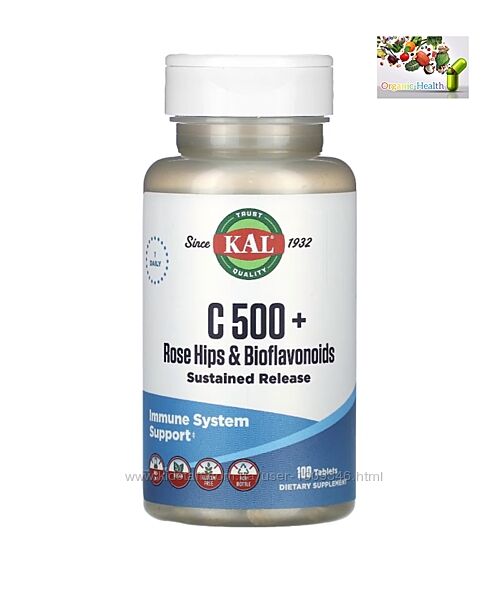 Витамин С, KAL, C 500  шиповник и биофлавоноиды, 100 таблеток
