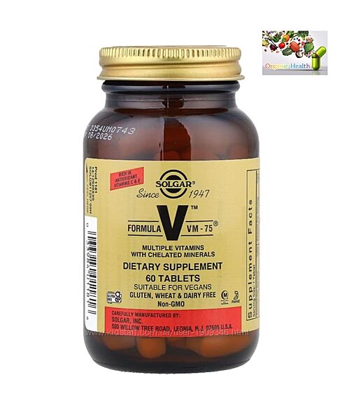Мультивитамины, Solgar Formula V VM-75 , Мультивитамины формула VM-75, 60