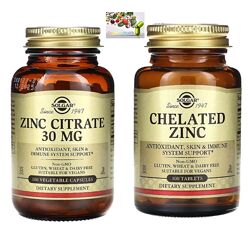 Цинк, Solgar, Цитрат цинка, Хелат цинка, 30/22 мг