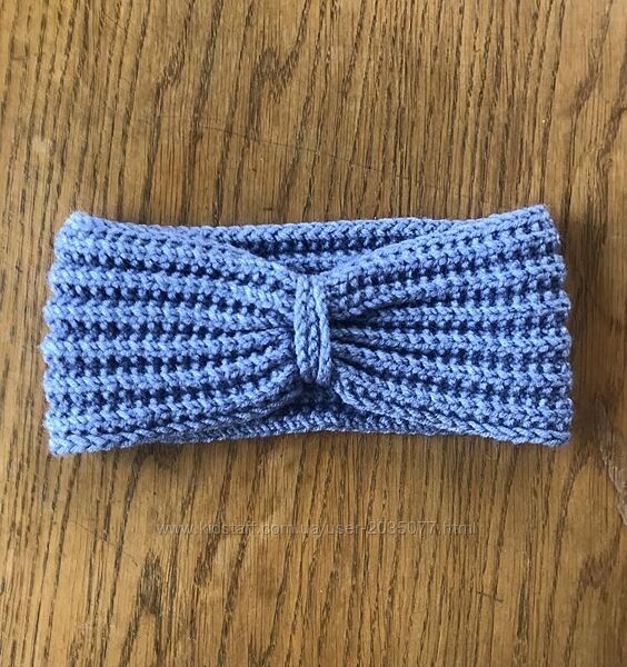 Голубая вязаная повязка на голову ручной работы hand made 