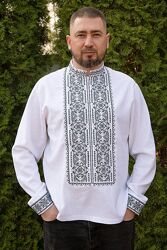 Чоловіча лляна вишиванка біла з чорно-сірою вишивкою  