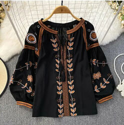 Чорна вишиванка бавовна з коричневою вишивкою віра