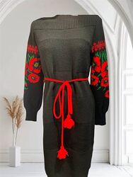 В´язана тепла сукня з квітами етно сукня шерсть Маки