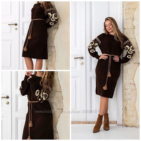 В´язана тепла сукня з квітами етно сукня шерсть коричнева