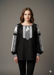 Вишиванка жіноча лляна чорна з білим орнаментом