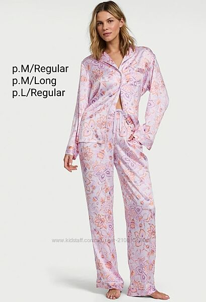 Glazed Satin Long Pajama Set, M/Regular, M/Long, L/Regular