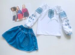 красивый украинский костюм в голубых оттенках  - вышиванка и юбка р140-146